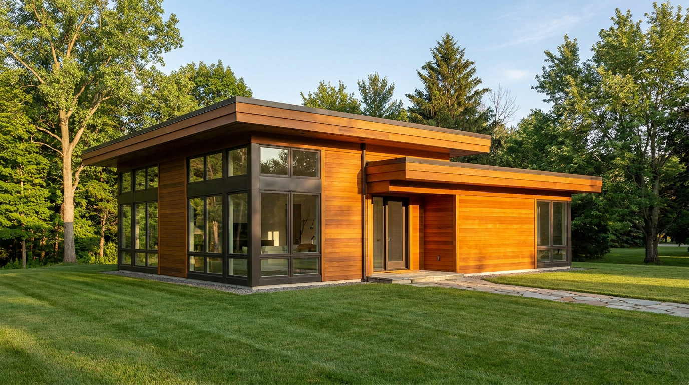 Maison individuelle moderne à toit plat, construite en bois avec de grandes baies vitrées dans un cadre verdoyant.