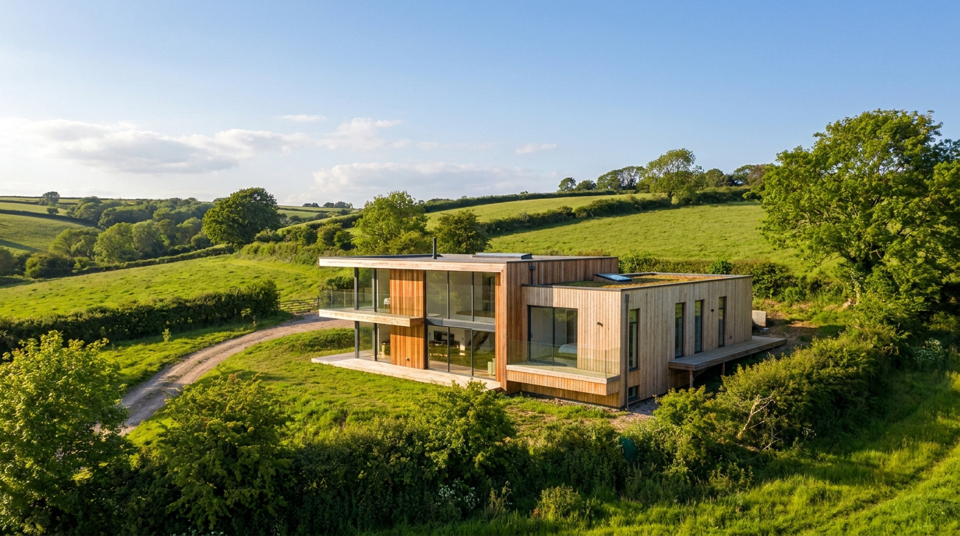 Maison moderne à ossature bois avec grandes baies vitrées nichée dans un paysage verdoyant et vallonné.