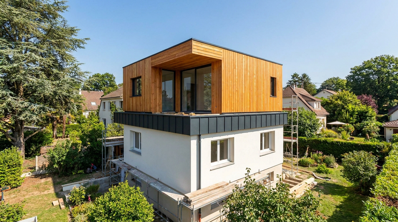 Une extension de maison contemporaine en bois posée sur le toit d'une maison traditionnelle avec un jardin.